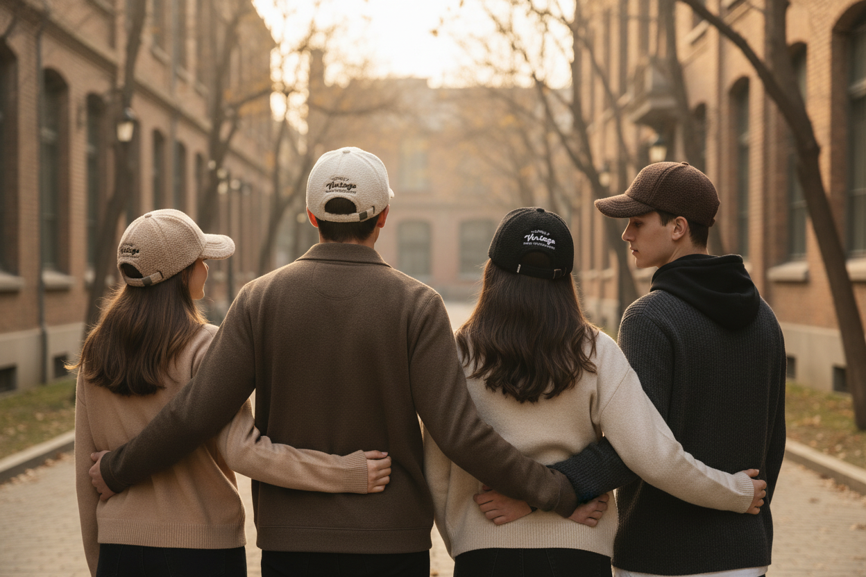 Back view of four people wearing Vintage sherpa caps